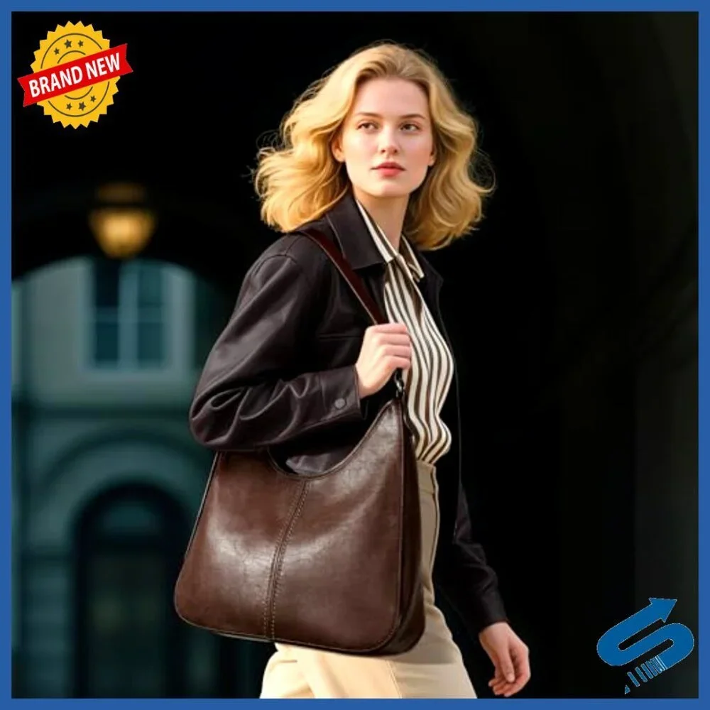 Genuine Leather Hobo Shoulder Bag with Adjustable Strap, 5.1L Capacity